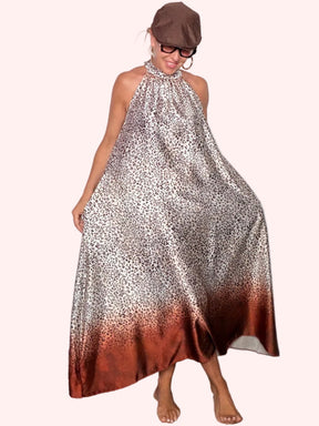 Abito Maxi Halter Neck Leopardato con Bordo Sfumato