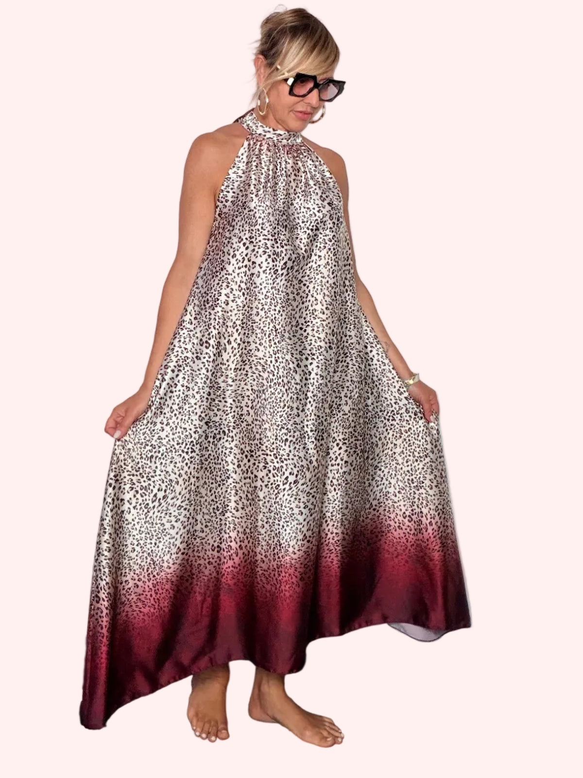Abito Maxi Halter Neck Leopardato con Bordo Sfumato