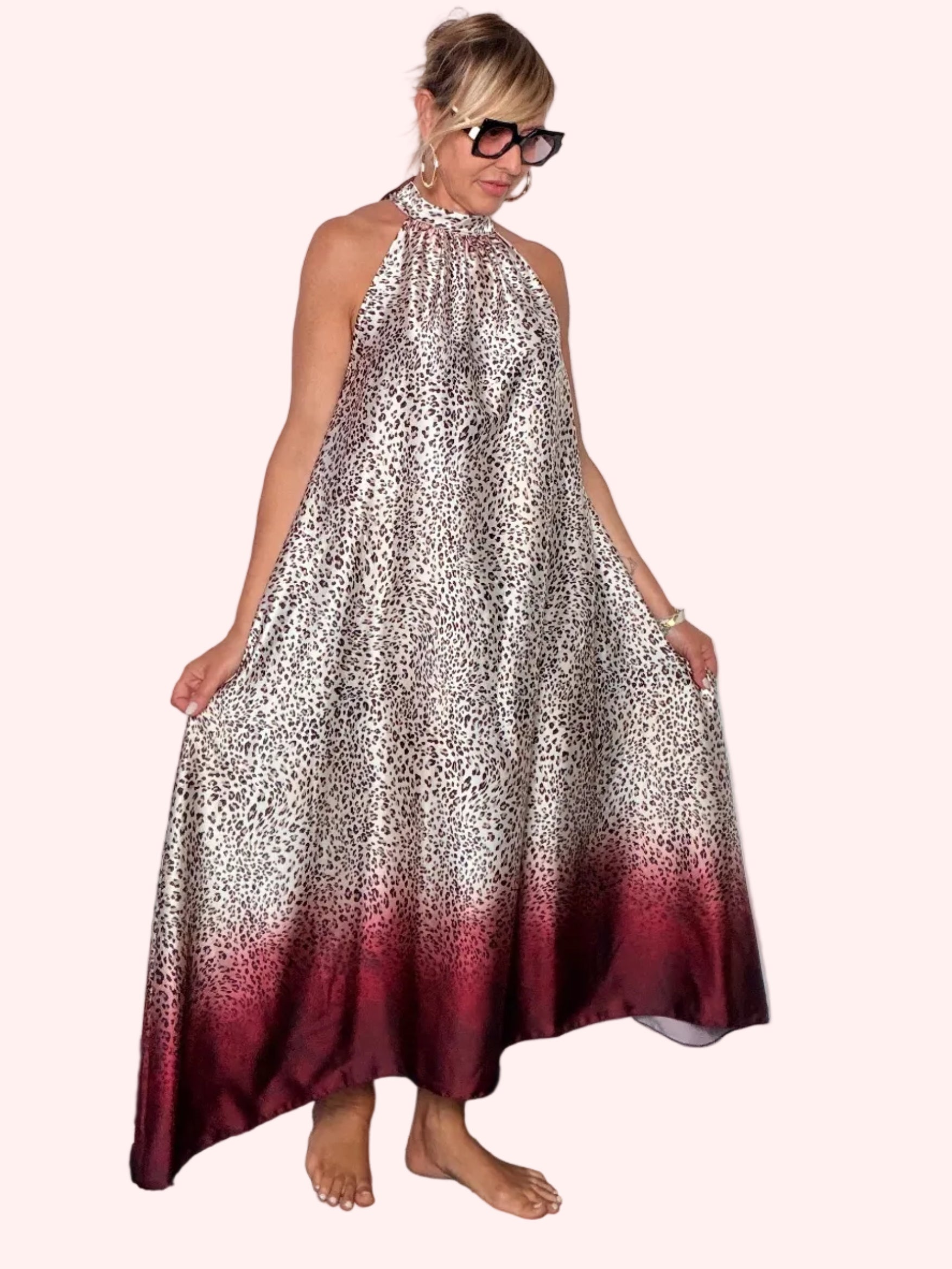 Abito Maxi Halter Neck Leopardato con Bordo Sfumato