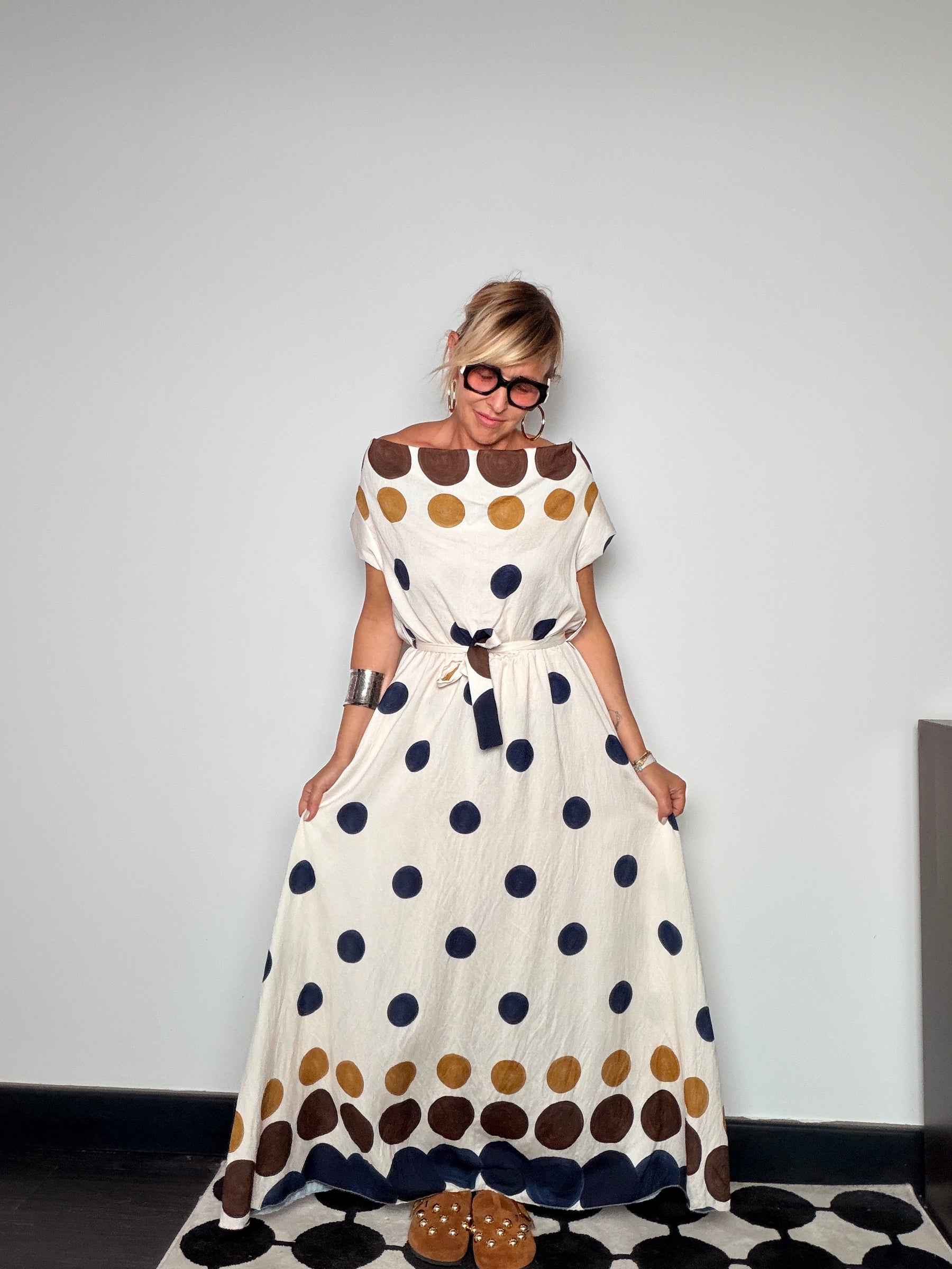 Abito Maxi a Pois Multicolor con Cintura (Copia)