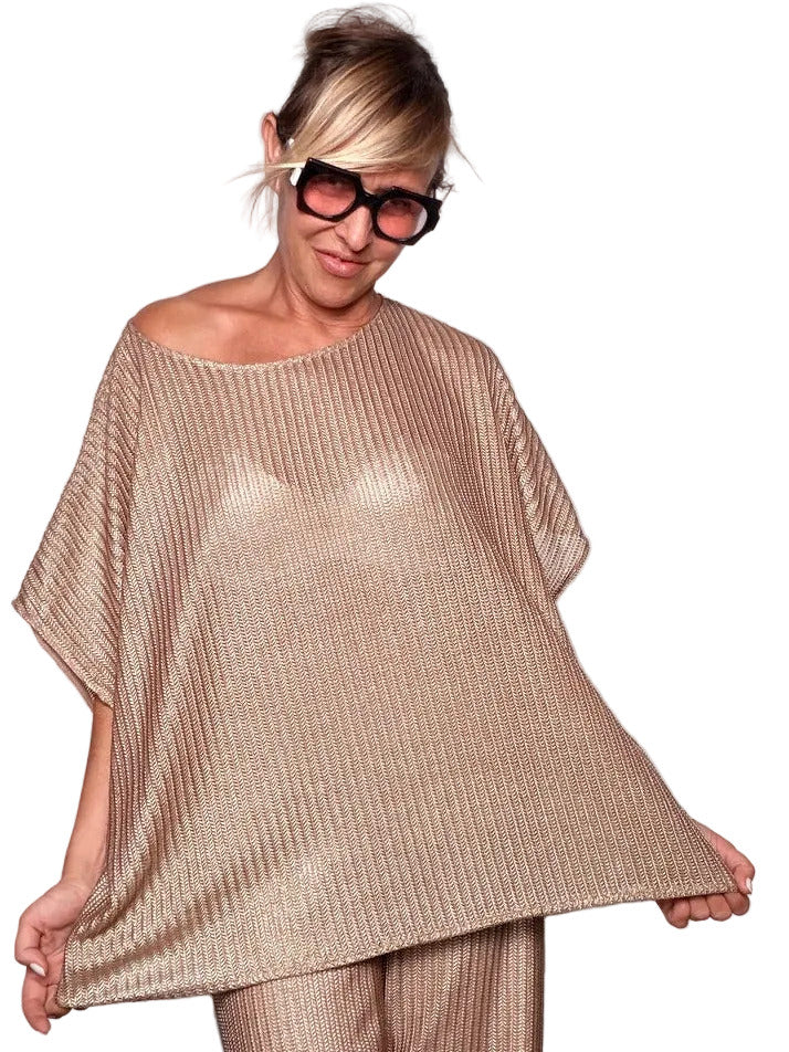 Maglia oversize in maglia lurex oro rosa