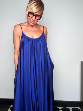 Abito Maxi Balloon con Spalline — Blu / Ocra / Nero