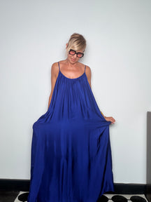 Abito Maxi Balloon con Spalline — Blu / Ocra / Nero