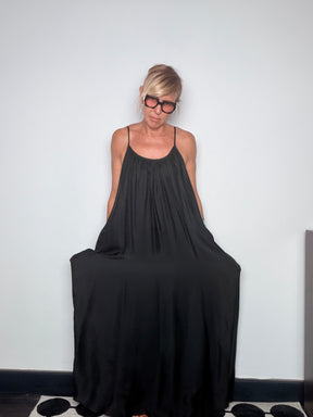 Abito Maxi Balloon con Spalline — Blu / Ocra / Nero