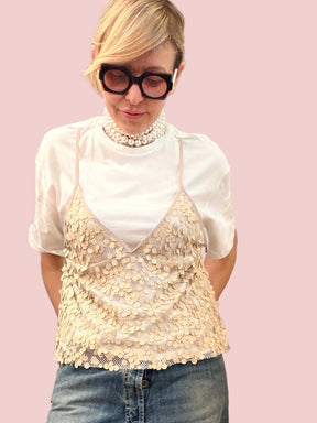 Set T-shirt Bianca con Top in Rete e Paillettes