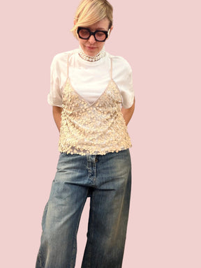Set T-shirt Bianca con Top in Rete e Paillettes