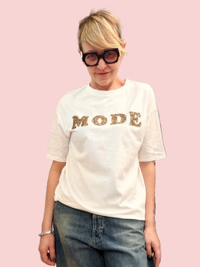 T-shirt Bianca con Scritta MODE in Paillettes Oro