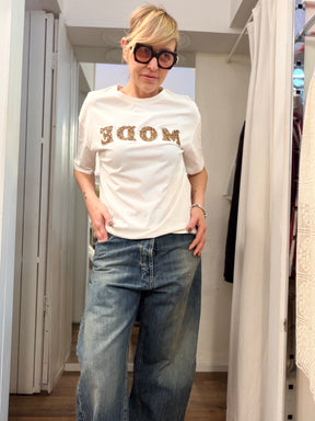 T-shirt Bianca con Scritta MODE in Paillettes Oro