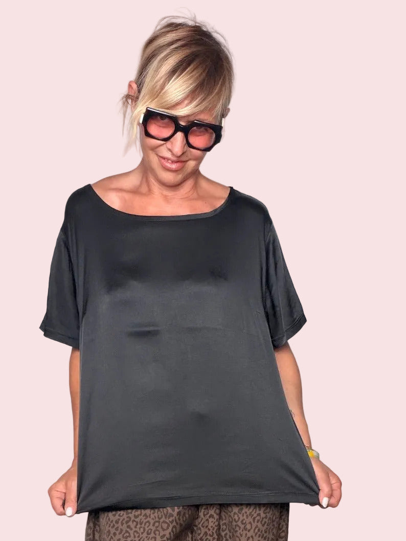 Blusa Oversize in Raso — Viola / Ocra / Antracite