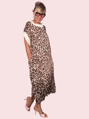 Abito Maxi Leopardato con Dettaglio in Maglia — Beige/Marrone