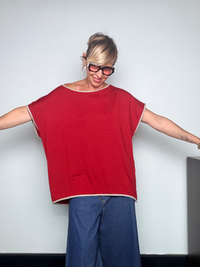 Top Oversize in Jersey con Bordi Lurex — Rosso / Tortora / Nero