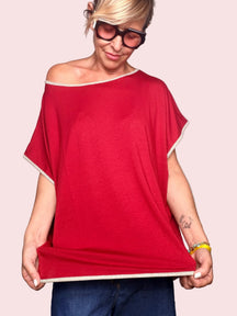 Top Oversize in Jersey con Bordi Lurex — Rosso / Tortora / Nero