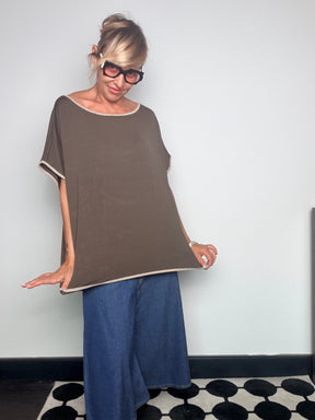 Top Oversize in Jersey con Bordi Lurex — Rosso / Tortora / Nero