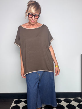 Top Oversize in Jersey con Bordi Lurex — Rosso / Tortora / Nero
