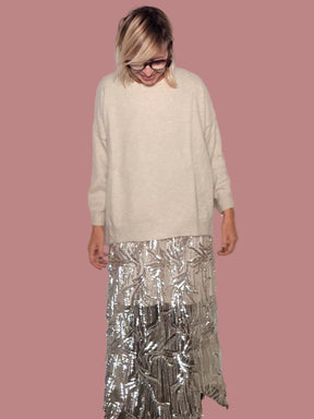 Gonna lunga con paillettes argento e trasparenze