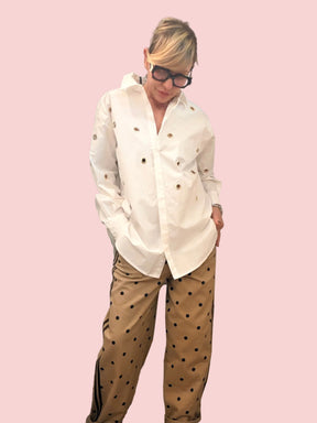 Jeans a Pois Beige con Bande Laterali