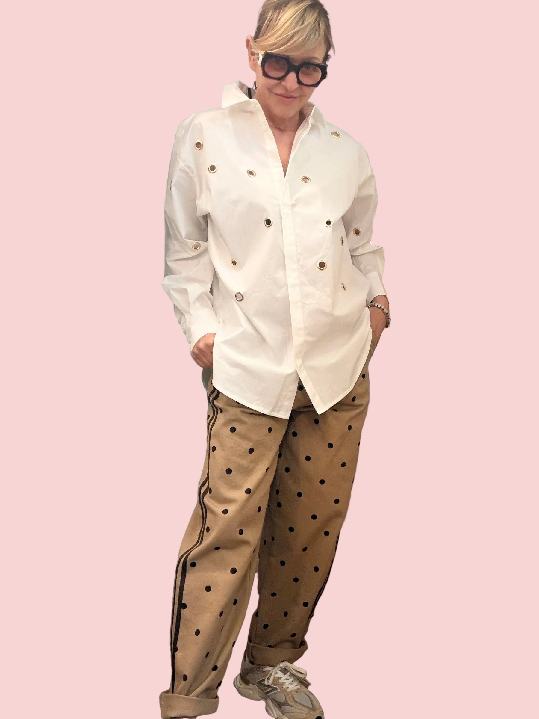 Jeans a Pois Beige con Bande Laterali