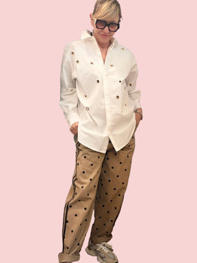 Jeans a Pois Beige con Bande Laterali