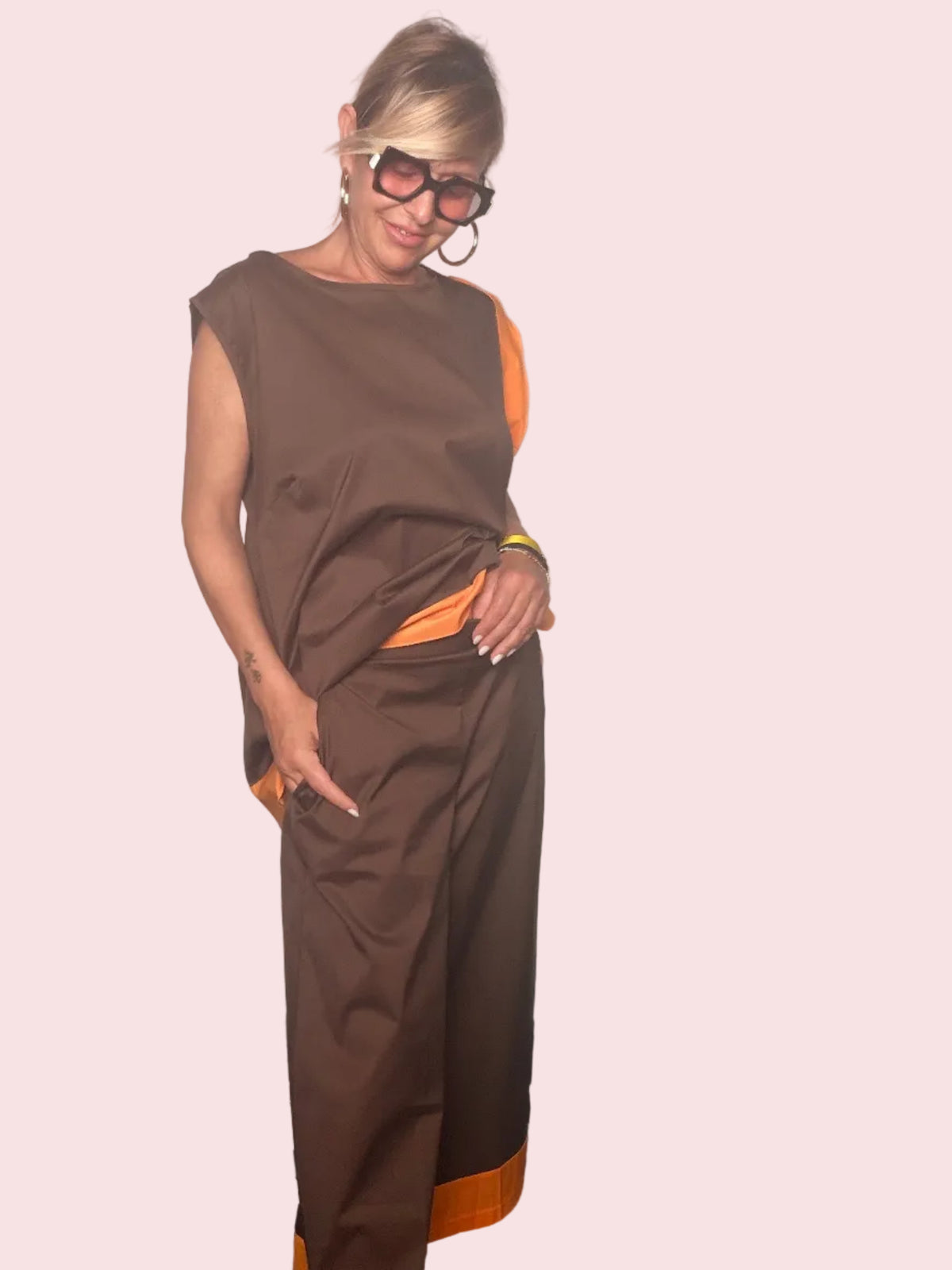 Pantalone Culotte con Risvolto Arancione