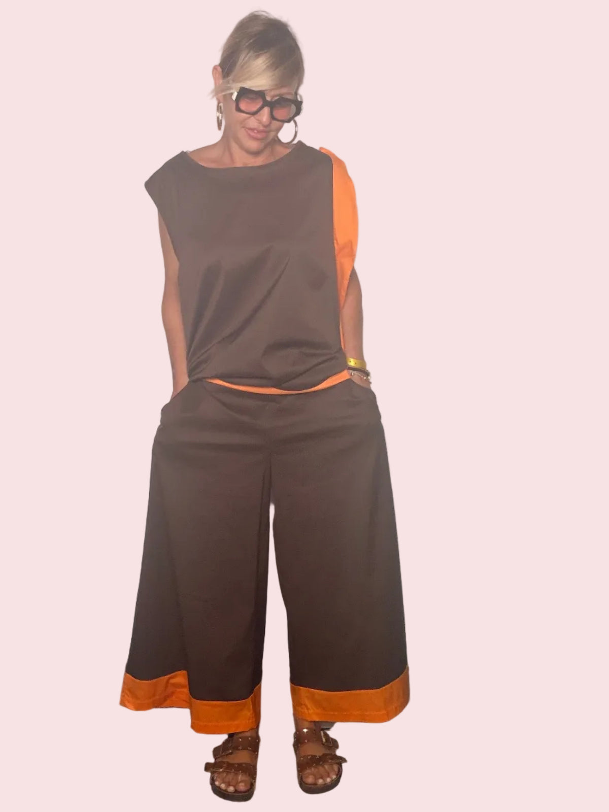 Pantalone Culotte con Risvolto Arancione
