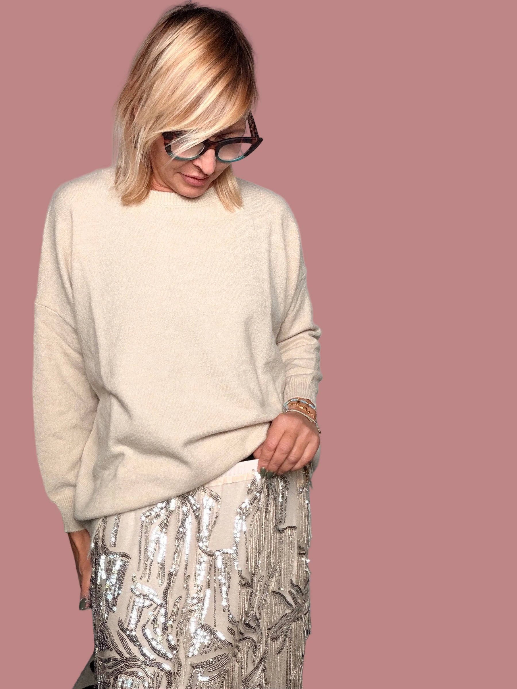 Gonna lunga con paillettes argento e trasparenze