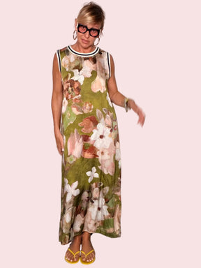 Abito Maxi Floreale Pittorico con Bordo Sportivo — Verde / Ruggine