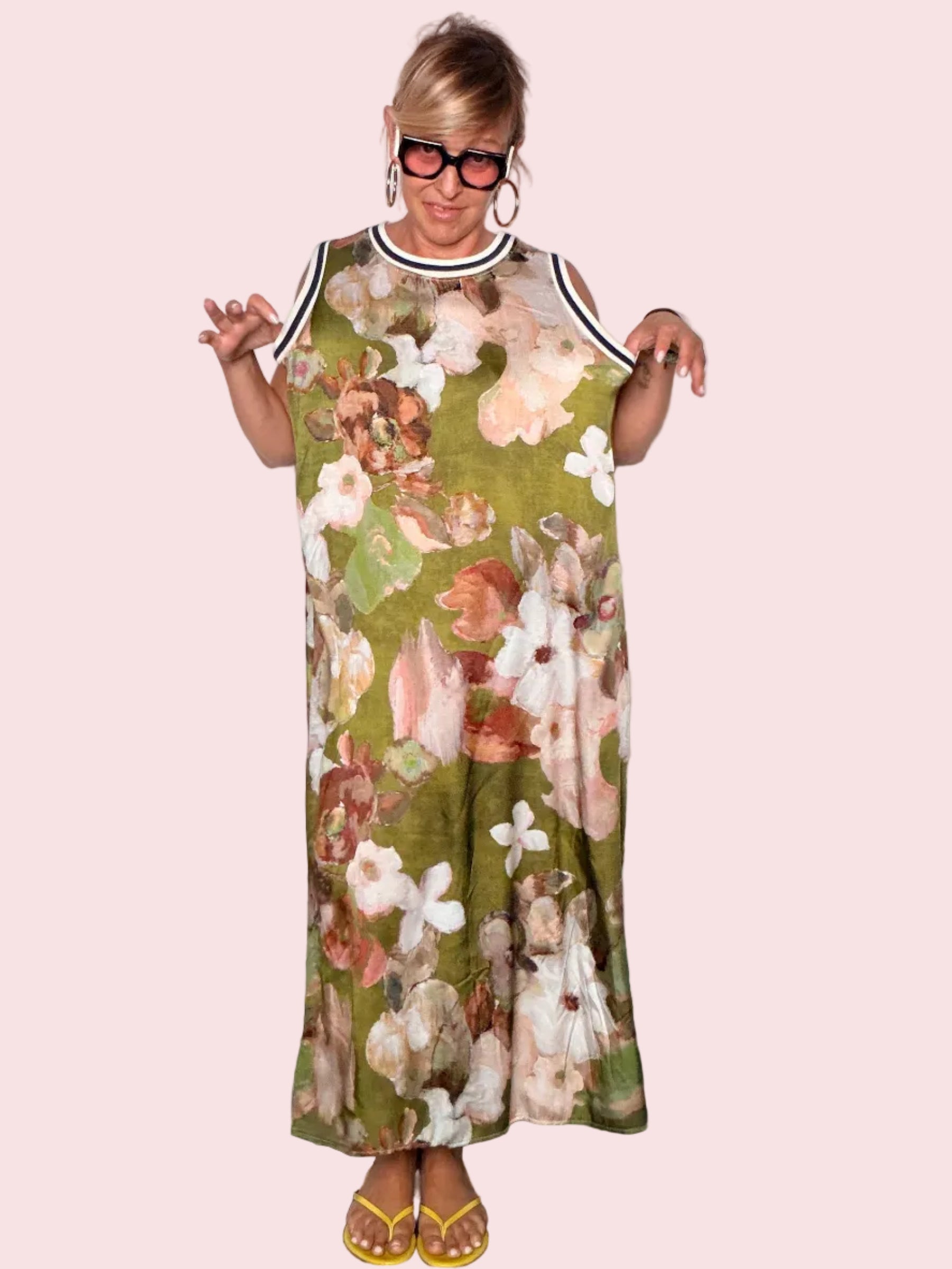 Abito Maxi Floreale Pittorico con Bordo Sportivo — Verde / Ruggine