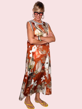 Abito Maxi Floreale Pittorico con Bordo Sportivo — Verde / Ruggine