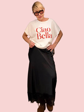 Gonna lunga in tessuto fluido con dettagli in pizzo