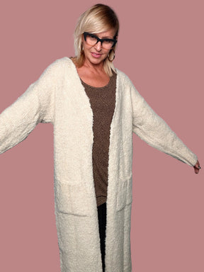 Cardigan lungo bouclé panna con tasche