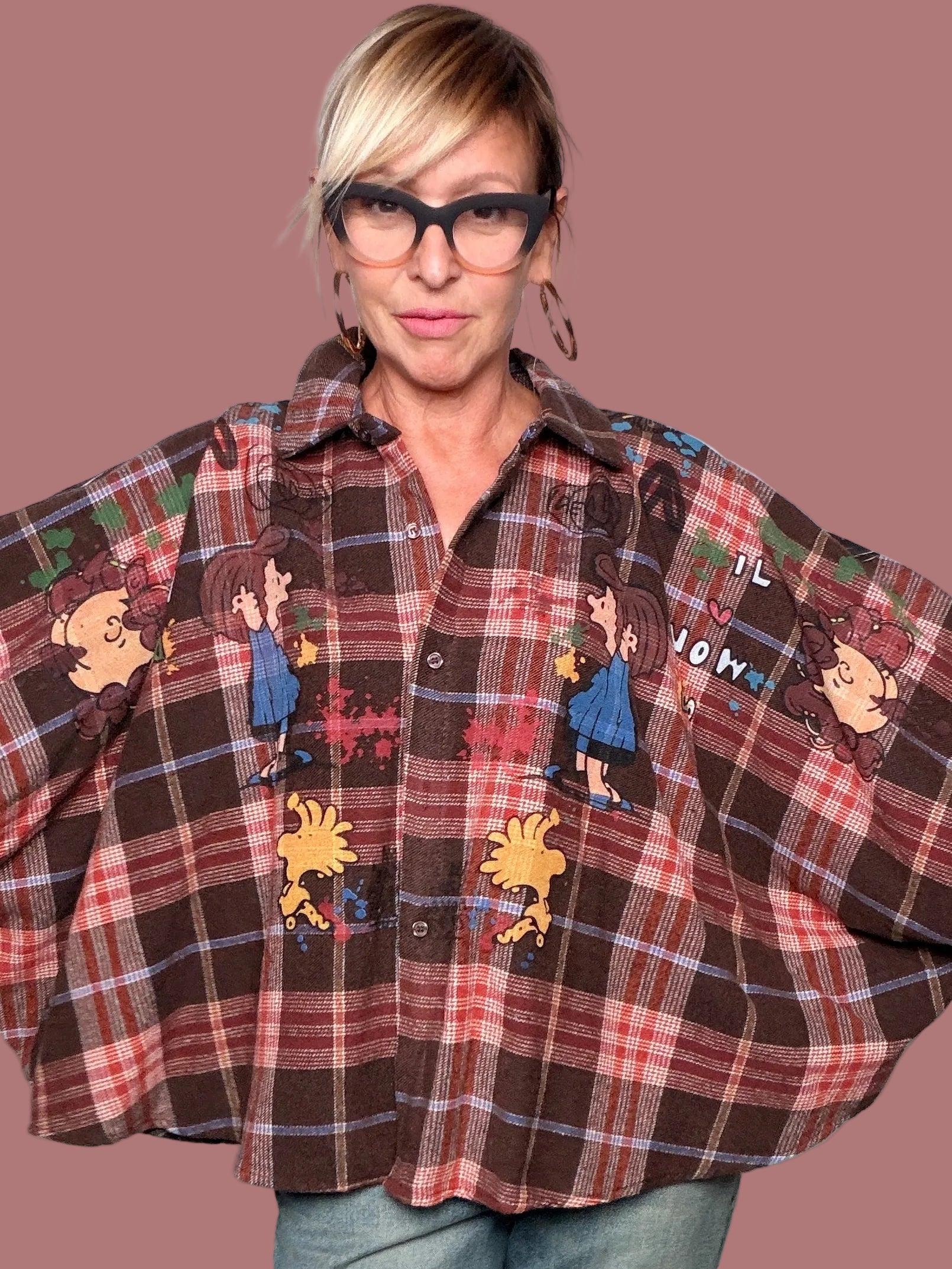 Camicia oversize a quadri con stampa cartoon