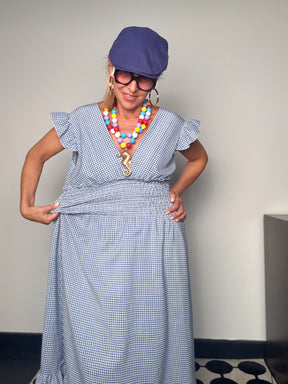 Abito Maxi Vichy con Scollo a V e Volant — Blu/Bianco e Nero/Bianco