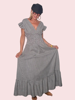 Abito Maxi Vichy con Scollo a V e Volant — Blu/Bianco e Nero/Bianco