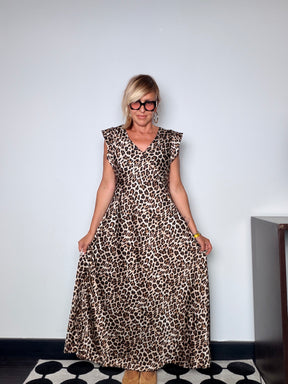 Abito Maxi Leopardato con Scollo a V e Volant — Beige/Marrone