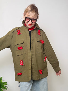 Giacca Militare con Applicazioni Floreali Rosse
