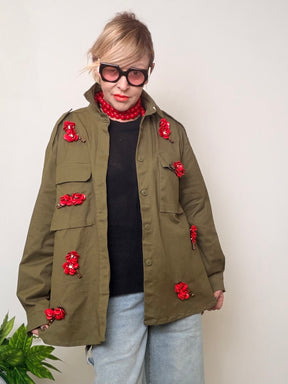 Giacca Militare con Applicazioni Floreali Rosse