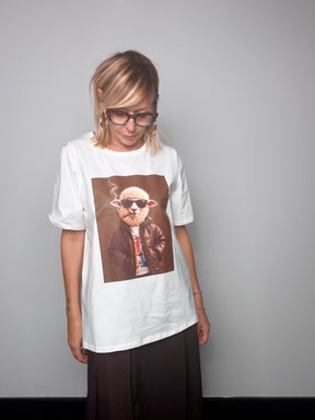 T-shirt bianca con stampa pecorella rock
