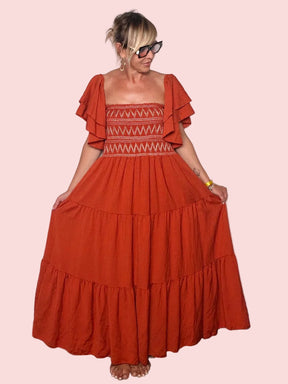 Abito Maxi Smock Zigzag — Maniche a Volant e Gonna a Balze