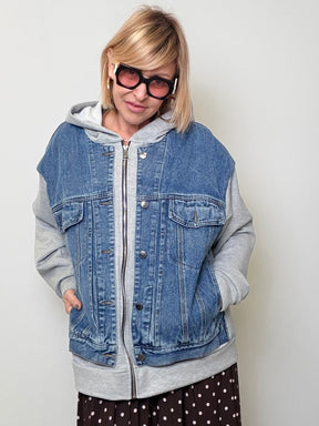 Giacca Ibrida Denim e Felpa con Cappuccio