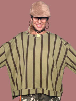 Felpa Over a Righe Verde Oliva con Maniche Ampie