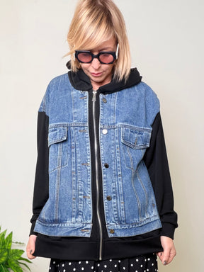 Giacca Ibrida Denim e Felpa con Cappuccio