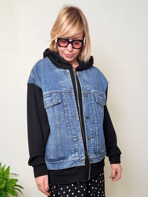 Giacca Ibrida Denim e Felpa con Cappuccio