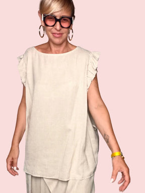 Top Lino Volant Spalle Sabbia