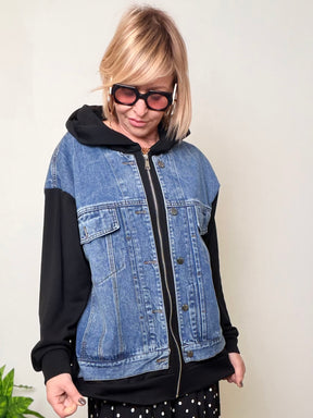 Giacca Ibrida Denim e Felpa con Cappuccio