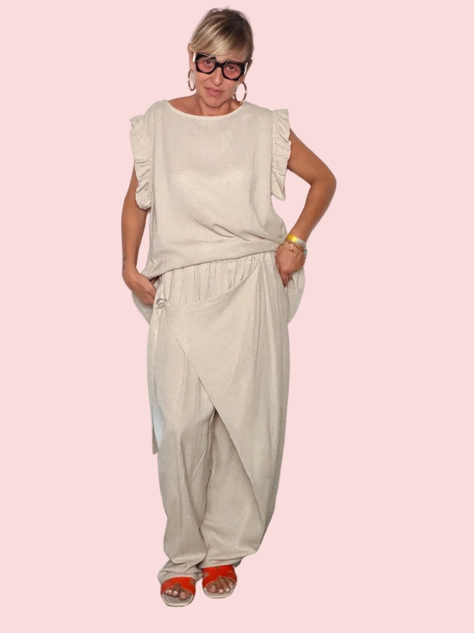 Pantalone Palazzo Lino Sabbia — Drappeggio Incrociato
