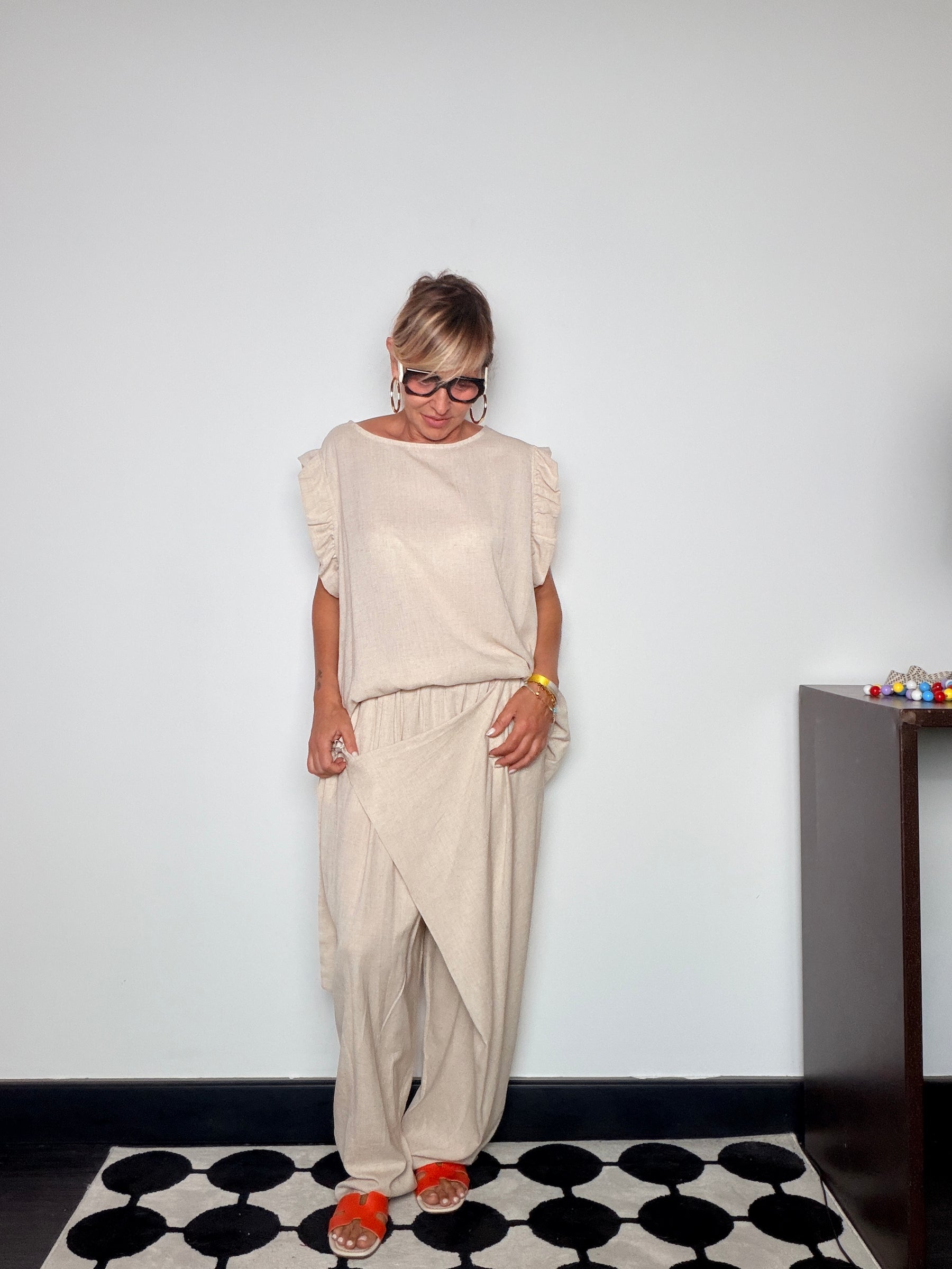 Pantalone Palazzo Lino Sabbia — Drappeggio Incrociato