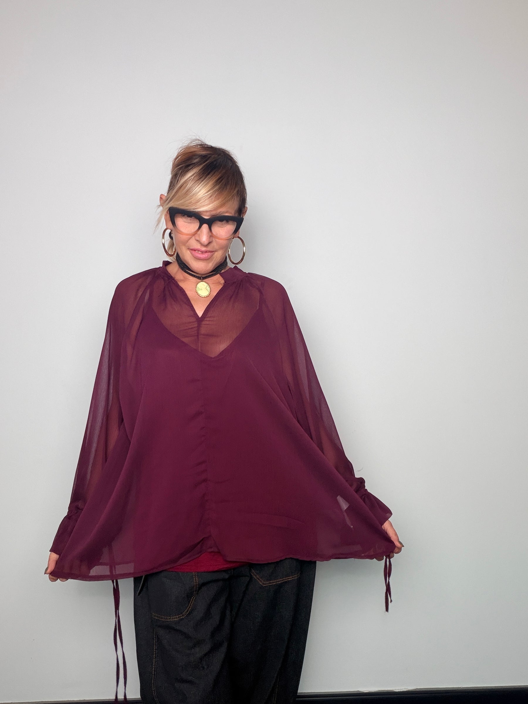 Camicia Over Velata con Top e Lacci ai Polsi