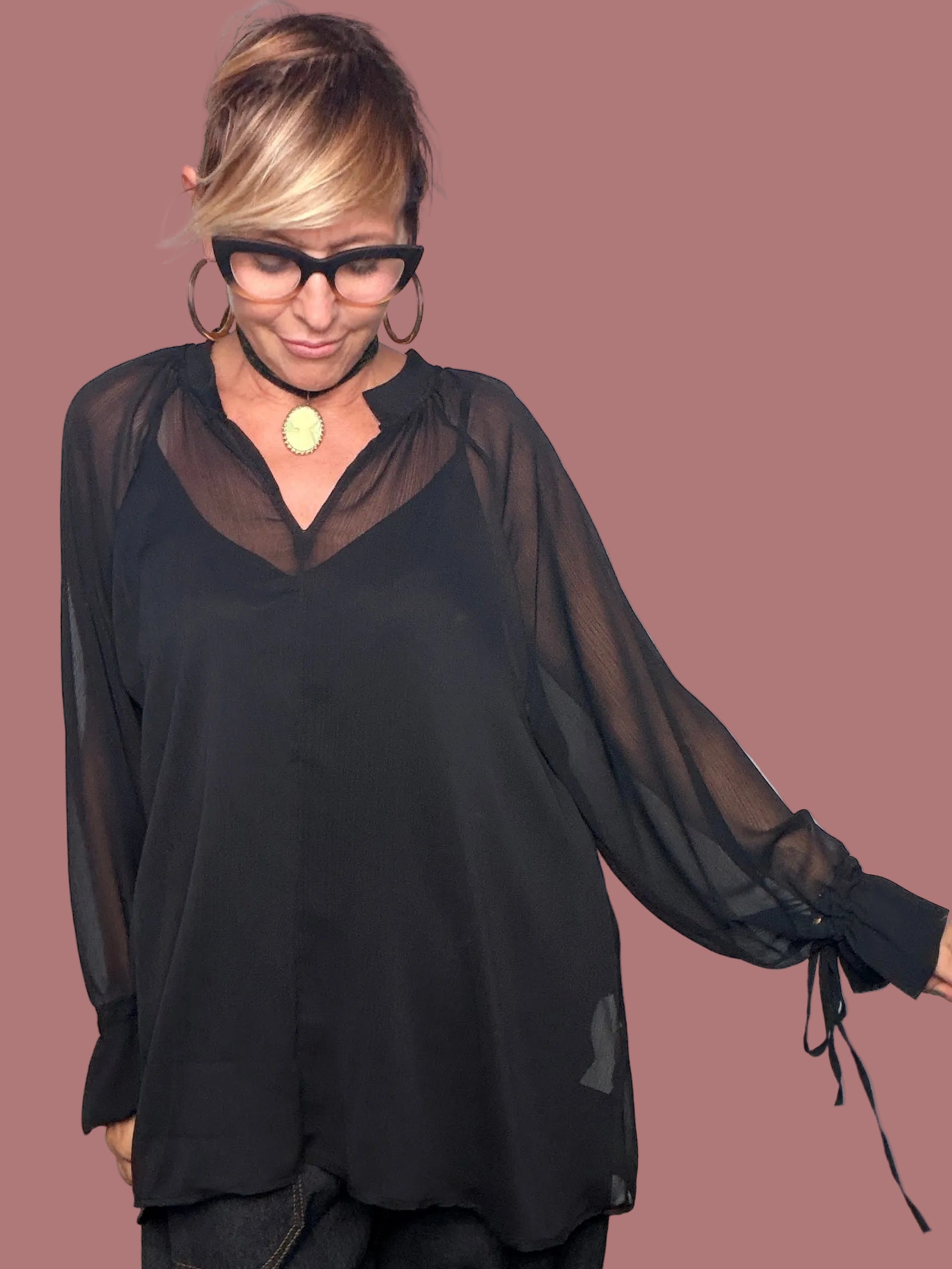 Camicia Over Velata con Top e Lacci ai Polsi