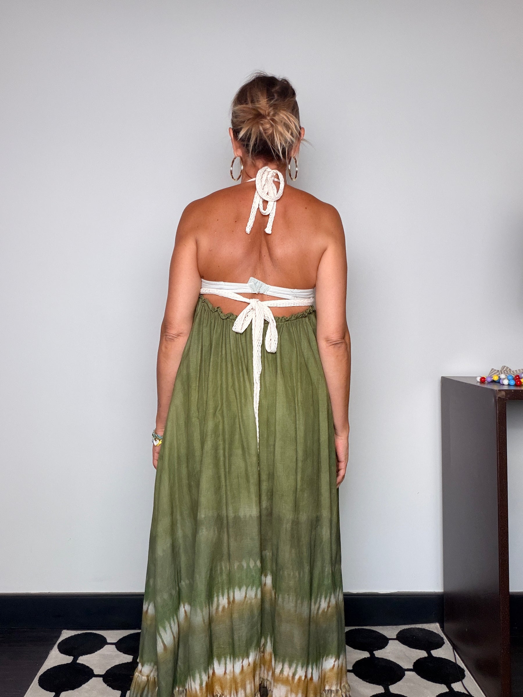 Abito Maxi Halter Crochet — Gonna Tie-Dye Cacao e Verde Militare