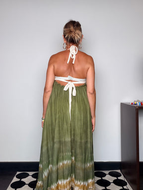 Abito Maxi Halter Crochet — Gonna Tie-Dye Cacao e Verde Militare